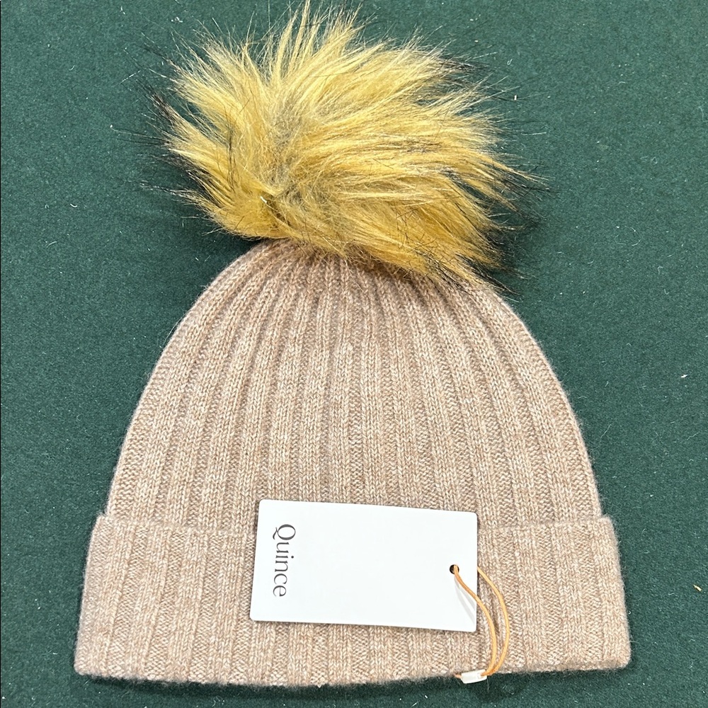 Mongolian Cashmere Beige Knit Beanie with Gold Pom-Pom